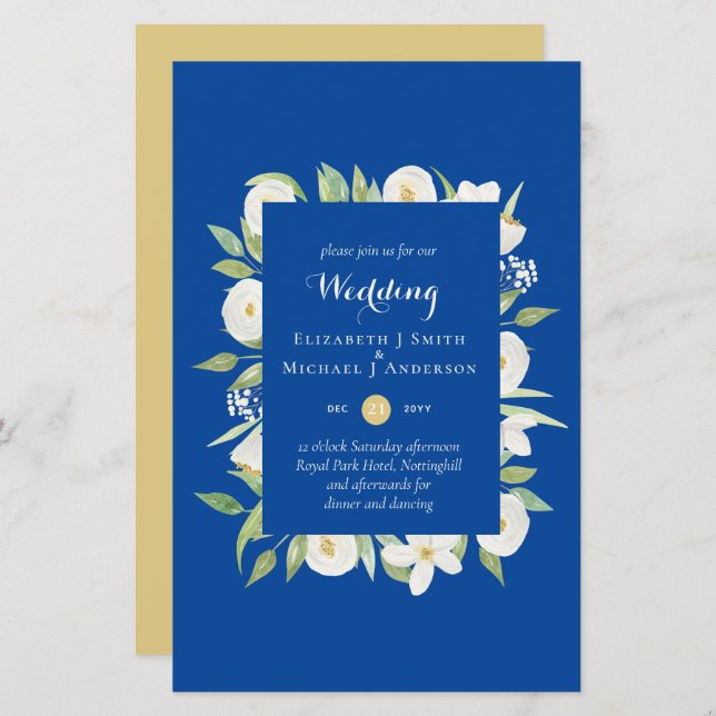 Blue Mustard Green Floral Budget Wedding Invite A9 (Front/Back)