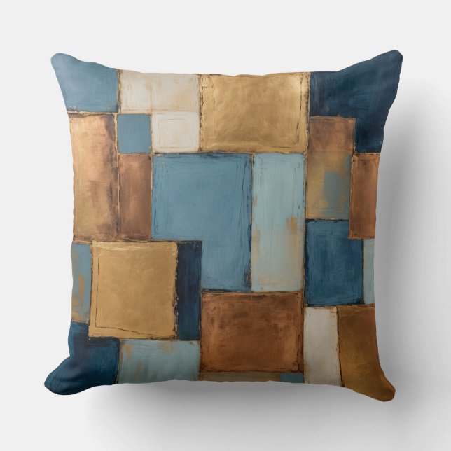 Blue, muted-copper, gold patchwork  cushion (Front)