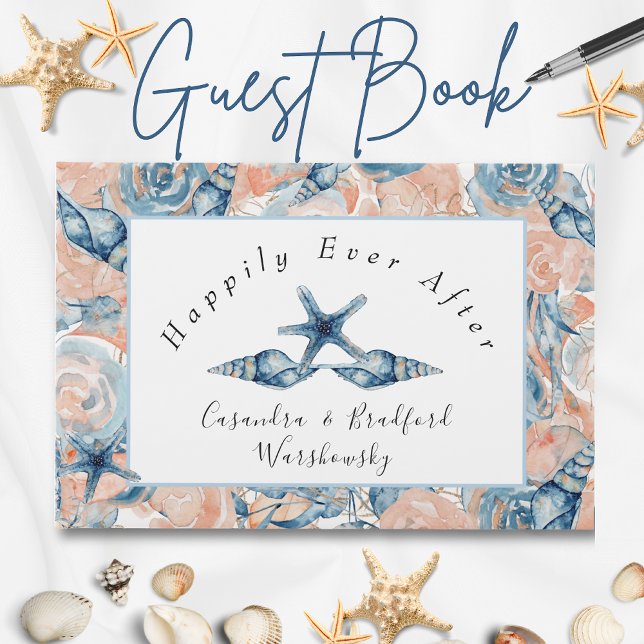 Blue n Blush Beach Sea Shell Flowers Wedding  Guest Book (Creator Uploaded)