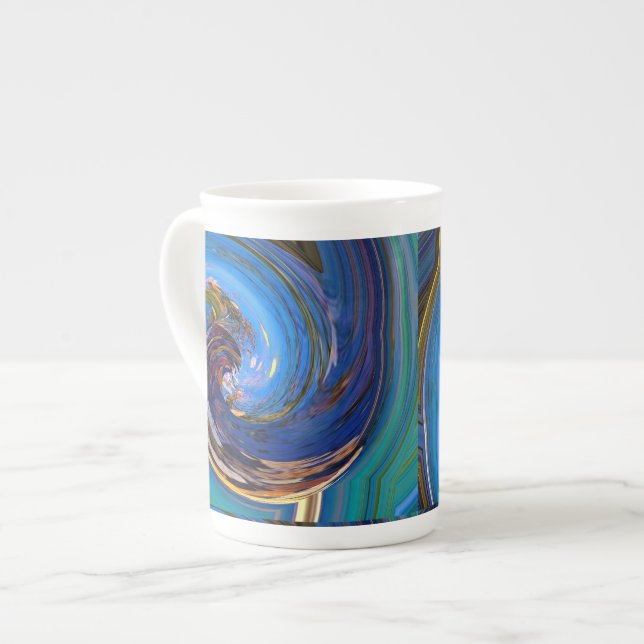Blue N Green Abstract Peacock Bone China Mug (Front Left)