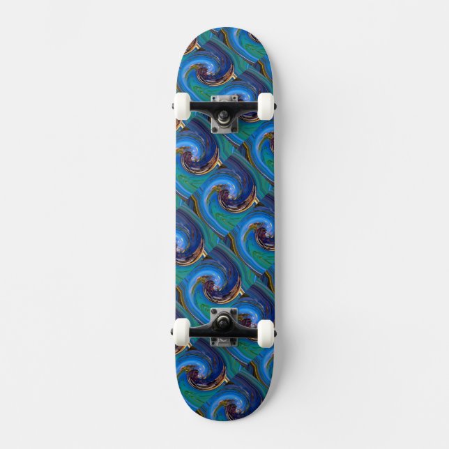 Blue N Green Abstract Tiled Peacock Skateboard (Front)
