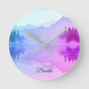 Blue N Pink Mountains Forest Landscape Round Clock