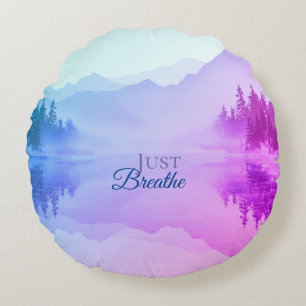 Blue N Pink Mountains Forest Landscape Round Cushion