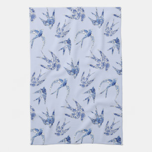 Blue n White Chinoiserie Chic Bird Swallow Mosaic Tea Towel