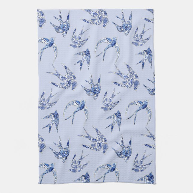 Blue n White Chinoiserie Chic Bird Swallow Mosaic Tea Towel (Vertical)