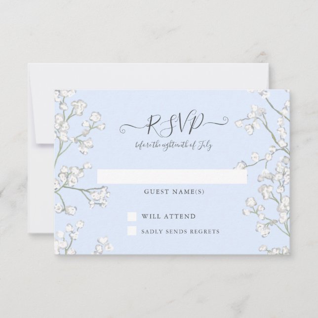 Blue n White Floral Babys Breath Baby Shower RSVP (Front)