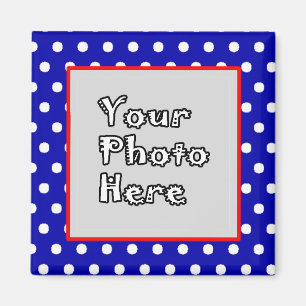Blue n White Polka Dots Red Trim Photo Frame Magnet