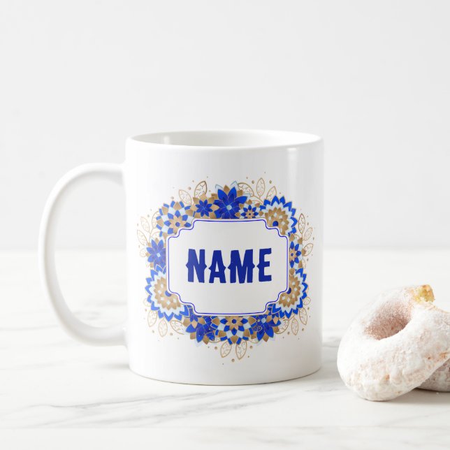 Blue Namaste Personalised Name Monogram  Coffee Mug (With Donut)