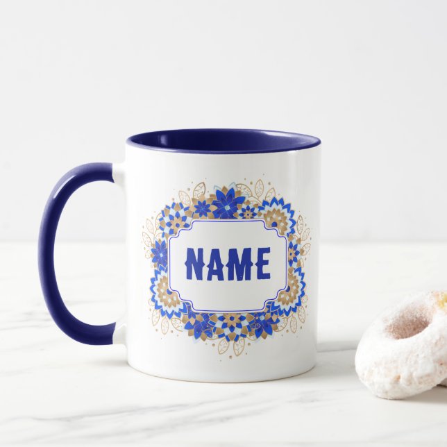 Blue Namaste Personalised Name Monogram  Mug (With Donut)