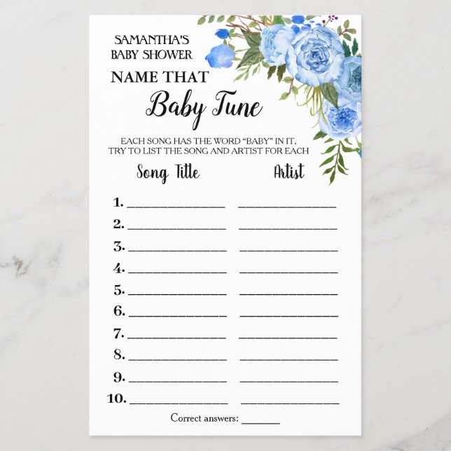 Blue Name Baby tune bilingual shower game card (Front)