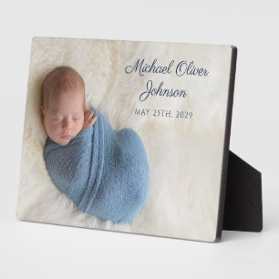 Blue Name Birth Date Script Baby Photo Plaque