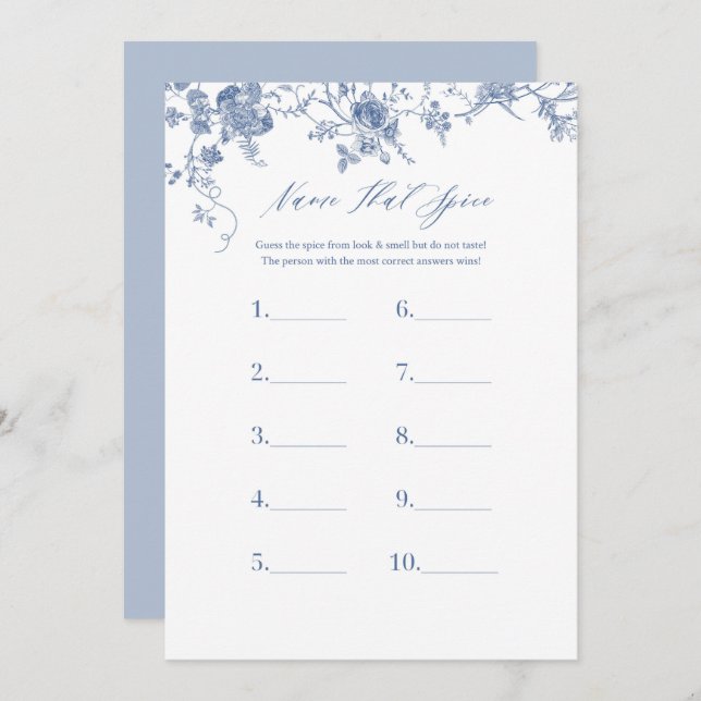 Blue Name That Spice Bridal Shower Game Cards (Front/Back)