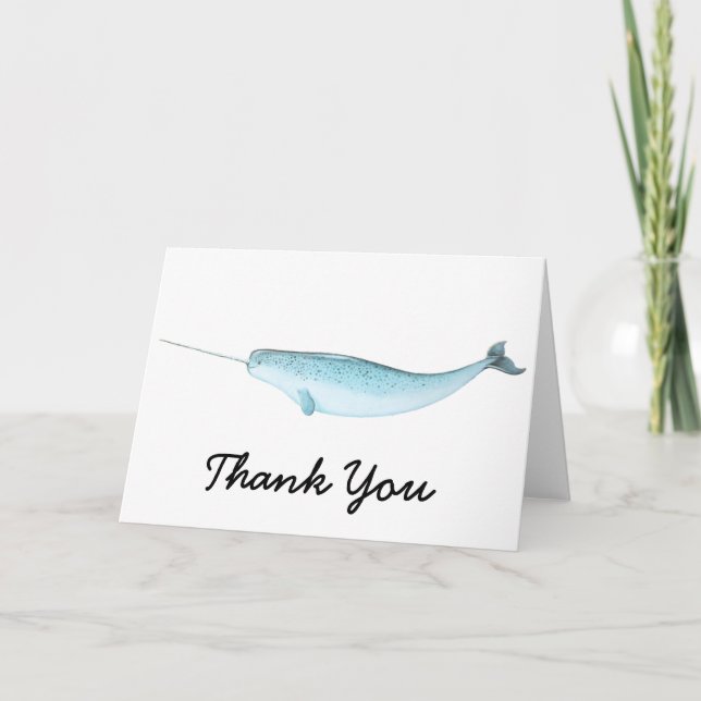 Blue Narwhal Illustration Thank You Card (Front)
