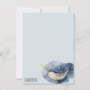 Blue Narwhal Modern Watercolor Ocean Personalised Card