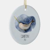 Blue Narwhal Modern Watercolor Ocean Personalised  Ceramic Ornament (Right)