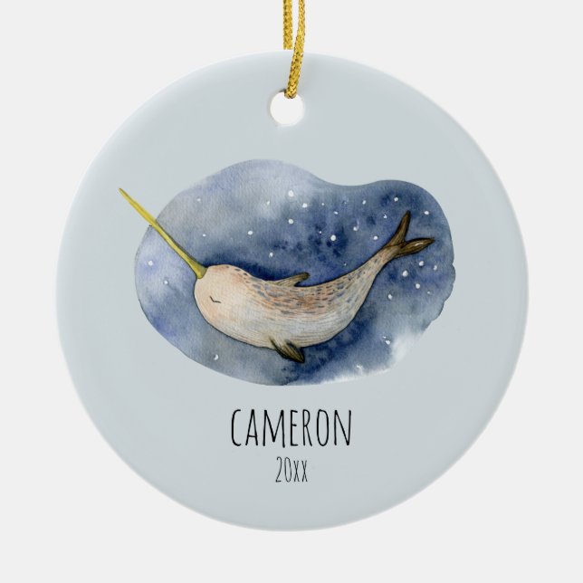Blue Narwhal Modern Watercolor Ocean Personalised  Ceramic Ornament (Front)