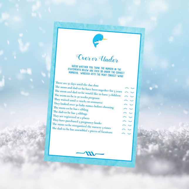 Blue Narwhal Over and Under Baby Shower Game Invitation (Creator Uploaded)
