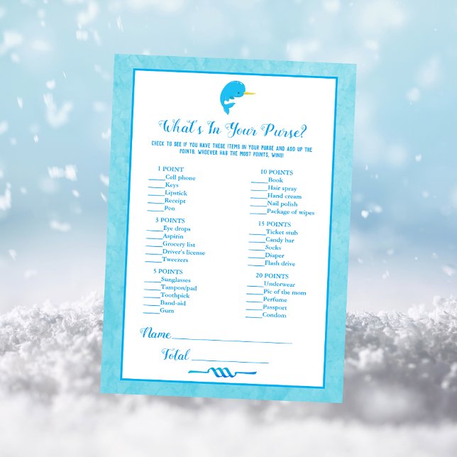 Blue Narwhal What's In Your Purse Baby Shower Game Invitation (Creator Uploaded)