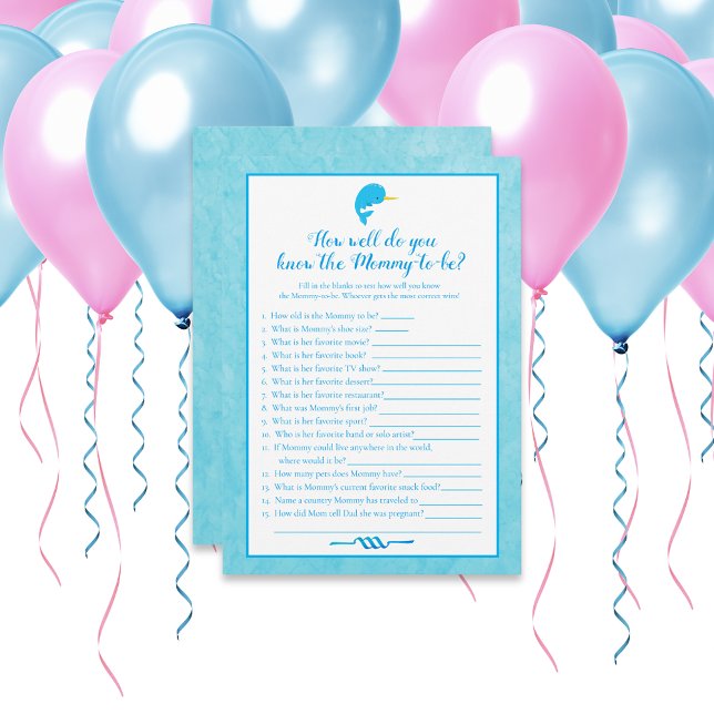 Blue Narwhal Who Knows Mummy Best Baby Shower Game Invitation (Creator Uploaded)