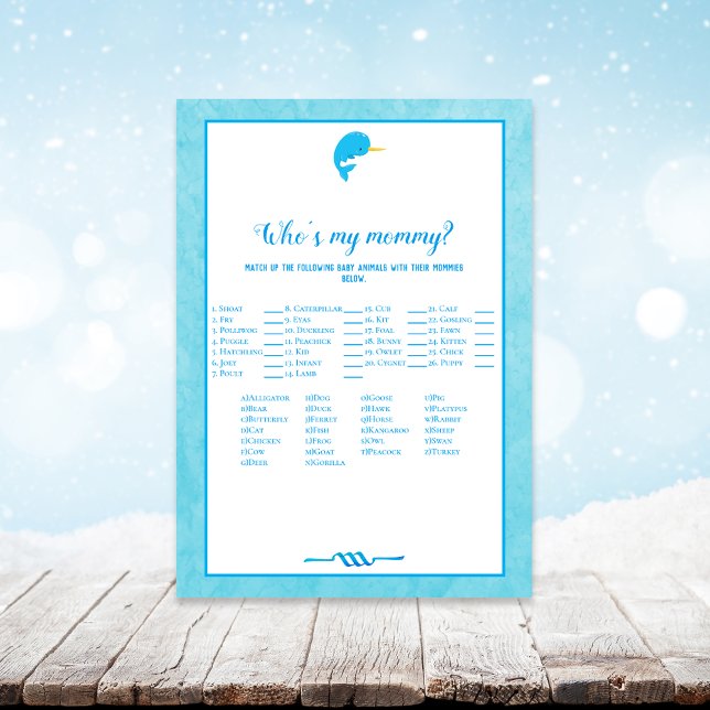 Blue Narwhal Who's My Mummy Baby Shower Game Invitation (Creator Uploaded)