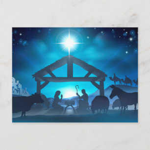 Blue Nativity Christmas Postcard