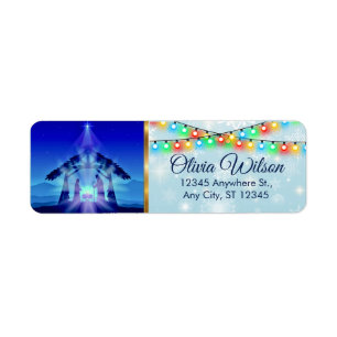 Blue Nativity Scene and Snowflakes Christmas Return Address Label