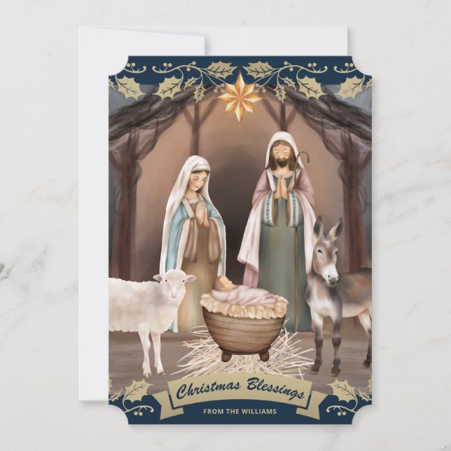 Blue Nativity Scene Christian Christmas Holiday Card (Front)