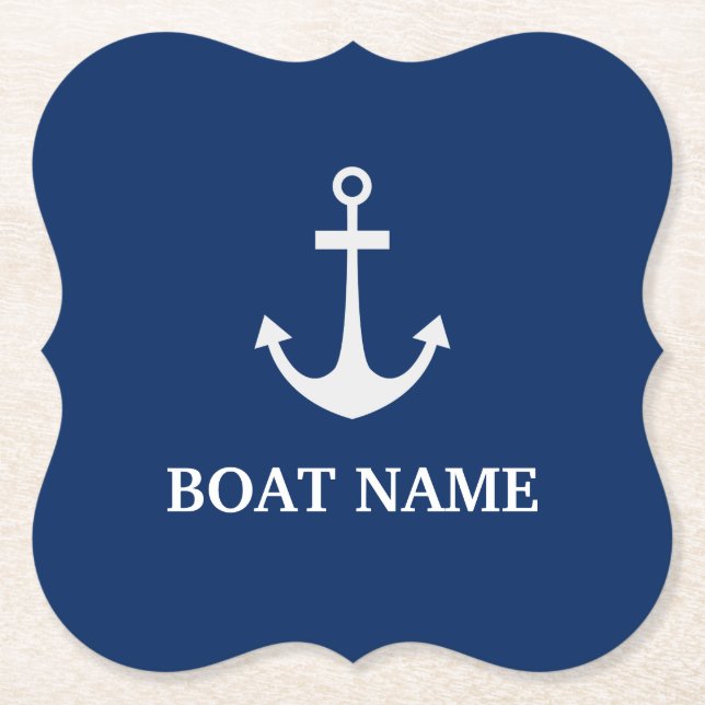 Blue Nautical Anchor Boat Name Paper Coaster (Front)