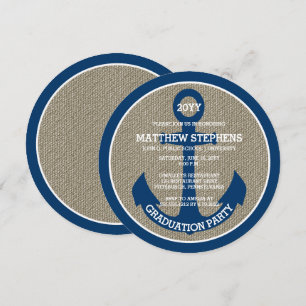 Blue Nautical Anchor   Burlap Graduation Party Invitation