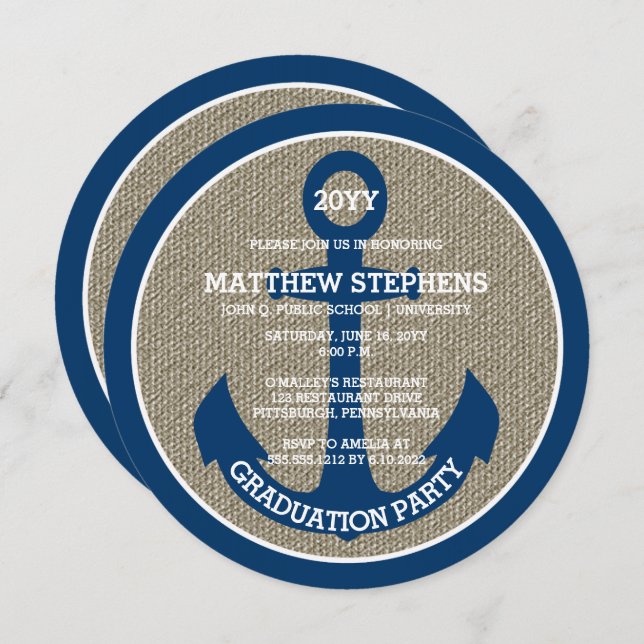 Blue Nautical Anchor | Burlap Graduation Party Invitation (Front/Back)