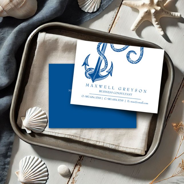 Blue Nautical Anchor Business Card (Business cards dark blue anchor coastal small business theme)