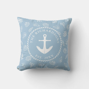 Blue Nautical Anchor Coastal Beach House Cushion