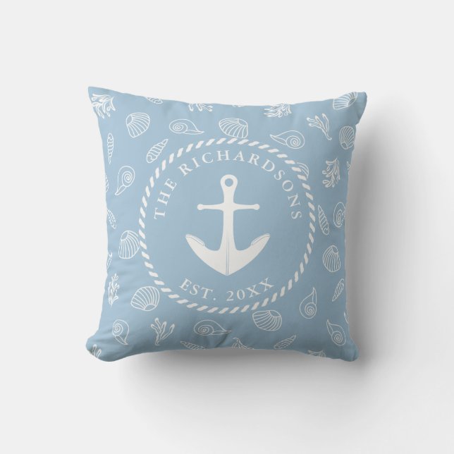 Blue Nautical Anchor Coastal Beach House Cushion (Front)