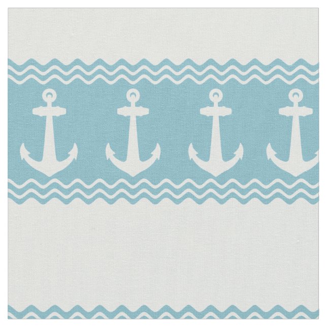 Blue Nautical Anchor Coastal Stripes Fabric (Close Up)