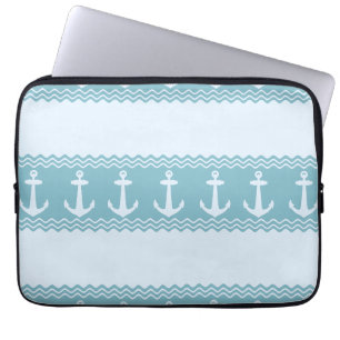 Blue Nautical Anchor Coastal Stripes Laptop Sleeve