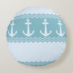 Blue Nautical Anchor Coastal Stripes Round Cushion