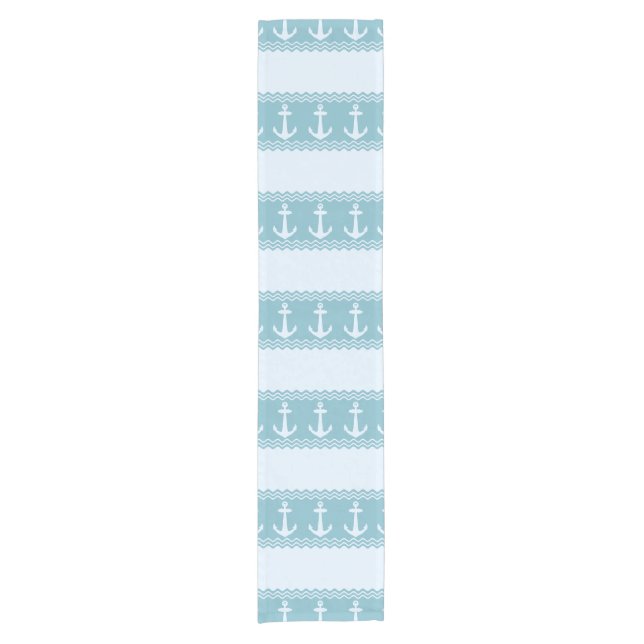 Blue Nautical Anchor Coastal Stripes Short Table Runner (Front)