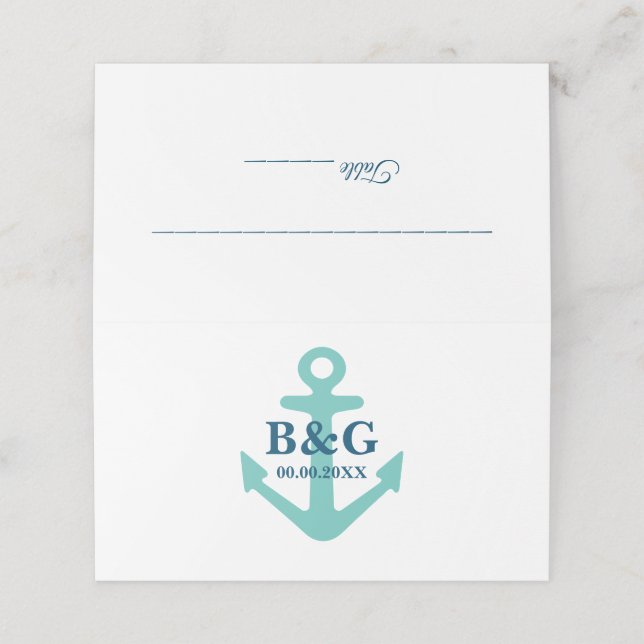 Blue nautical anchor maritime themed wedding place card (Outside Unfolded)