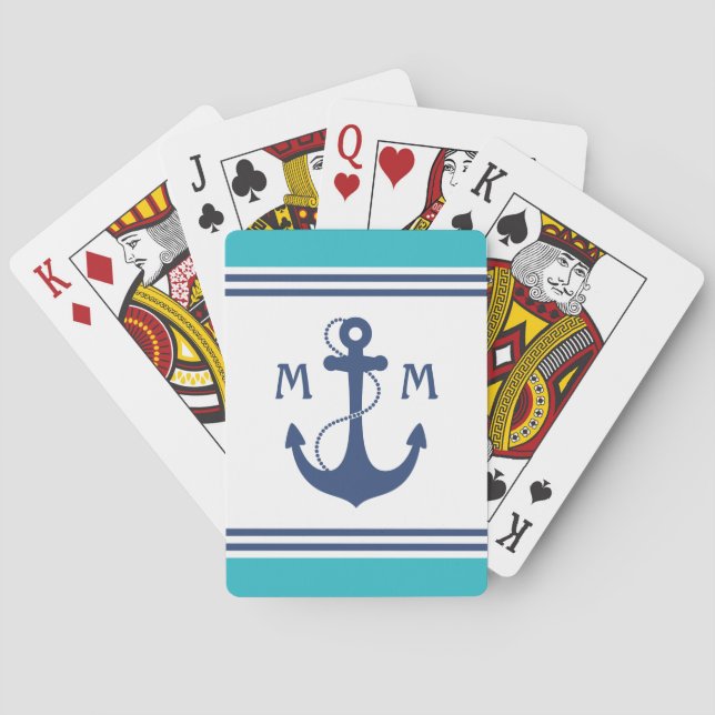 Blue Nautical Anchor Monogram Playing Cards (Back)