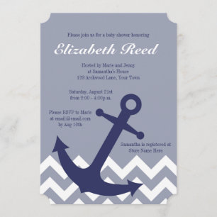 Blue Nautical Anchor on Chevron Ocean Baby Shower Invitation