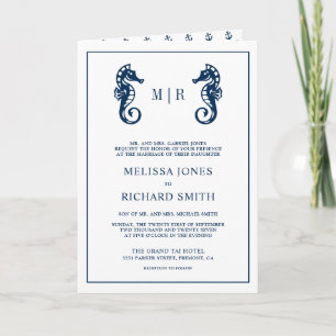 Blue Nautical Anchor Seahorse QR Code Wedding Invitation