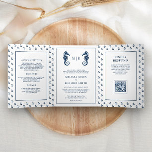 Blue Nautical Anchor Seahorse QR Code Wedding Tri-Fold Invitation