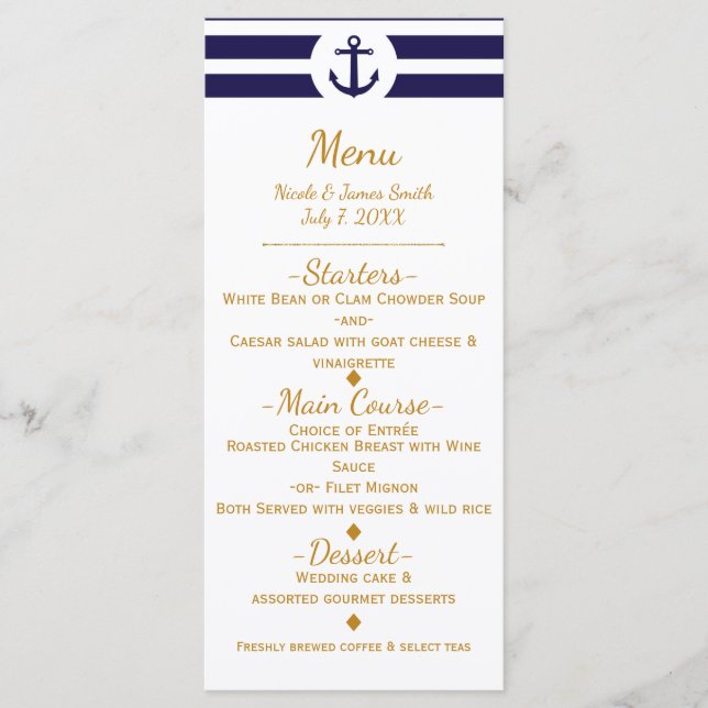 Blue Nautical Anchor & Stripes Wedding Menu (Front)