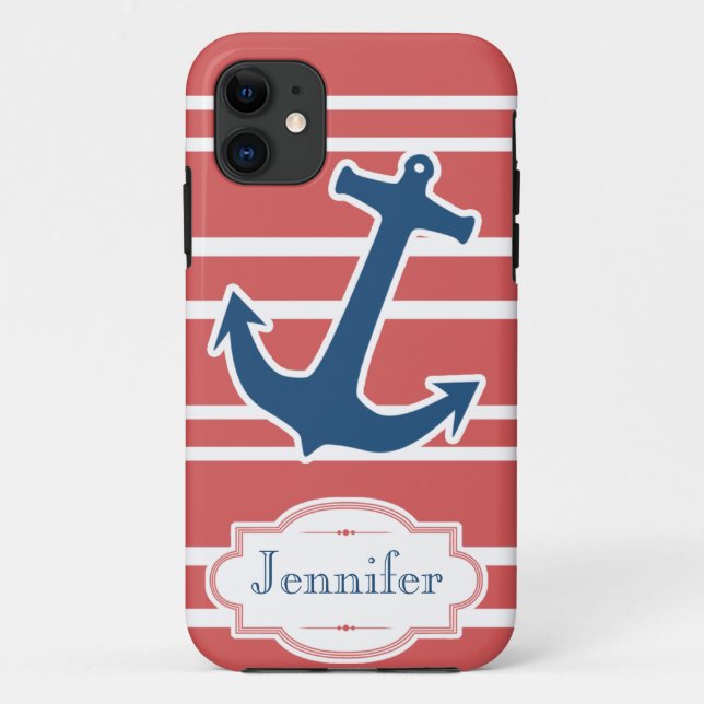 Blue Nautical Anchor with Red Stripes iPhone Case (Back)