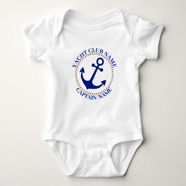 Blue Nautical Anchor yacht club boat marina Name Baby Bodysuit (Front)