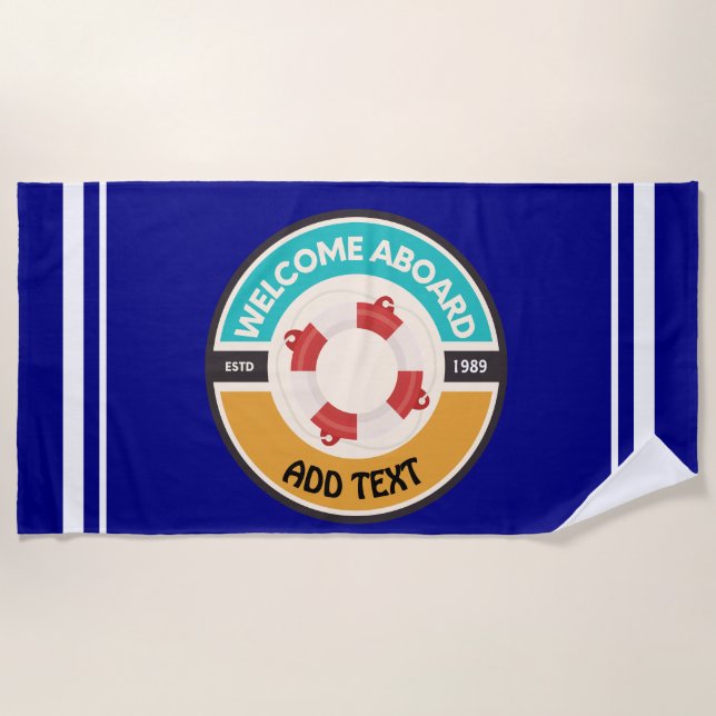 Blue Nautical Anchor yacht club boat marina Name Beach Towel (Front)