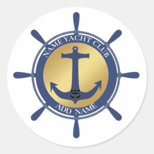 Blue Nautical Anchor yacht club boat marina Name Classic Round Sticker