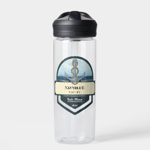 Blue Nautical Anchor yacht club boat marina Name Water Bottle