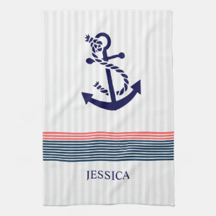 Blue Nautical Boat Anchor And Coral & Blue Stripes Tea Towel