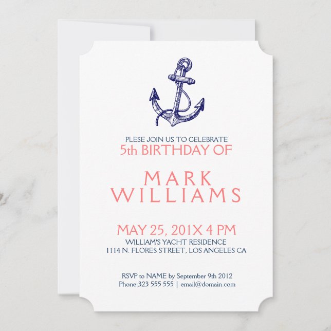 Blue Nautical Boat Anchor Birthday Party Invite (Front)